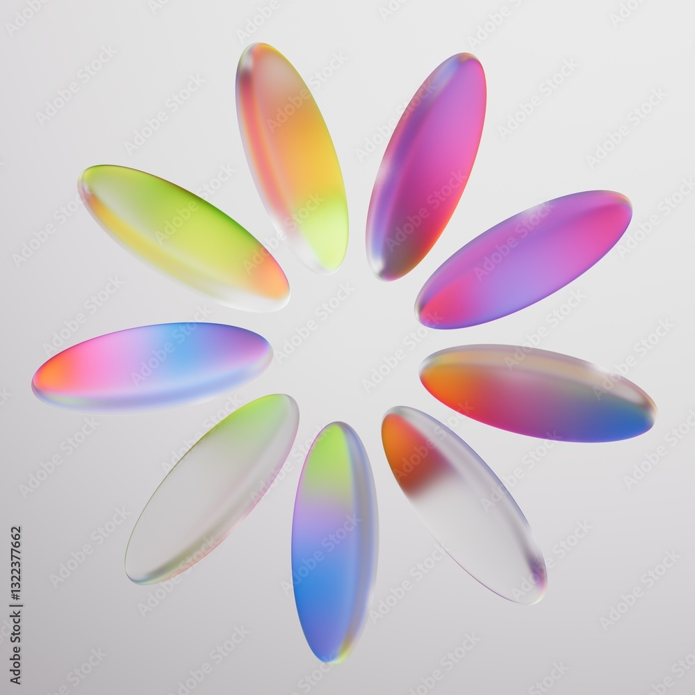 Abstract 3d render. Round glass lenses arranged in the shape of a flower. Kaleidoscope of oval crystals. Modern minimalist concept Abstract 3d render. Round glass lenses arranged in the shape of a flower. Kaleidoscope of oval crystals. Modern minimalist concept