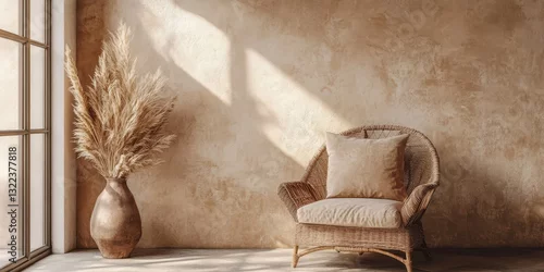 Obraz A Wicker Chair Beside A Vase With Tall Dried Plants