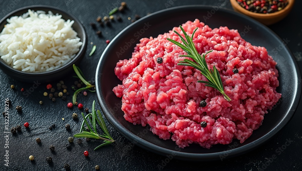Ground meat with rice and spices on a plate. Generative AI Ground meat with rice and spices on a plate. Generative AI