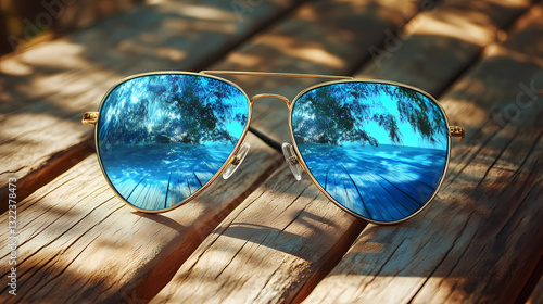 Aviator sunglasses with mirrored lenses reflecting a sunny sky and trees on a wooden surface. Vivid Glare. Illustration