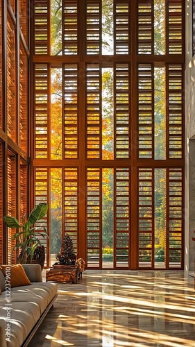 Modern living room with wooden shutters and autumn sunlight streaming in