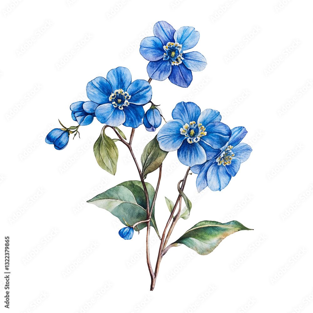 Fototapeta premium Illustration of Blue forget me not flowers with Green Leaves on White Background.
