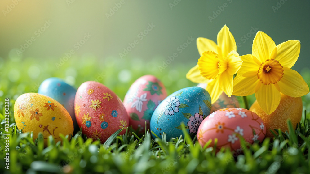 Vibrant Easter Eggs and Daffodils in a Lush Meadow - Perfect for Spring Celebrations and Holiday Marketing Vibrant Easter Eggs and Daffodils in a Lush Meadow - Perfect for Spring Celebrations and Holiday Marketing
