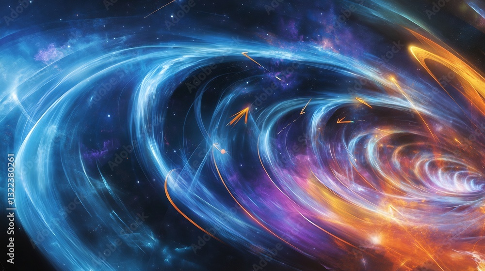 Abstract depiction of gravitational lensing showcasing dynamic curves symbolic arrows for light bending in spacetime Abstract depiction of gravitational lensing showcasing dynamic curves symbolic arrows for light bending in spacetime