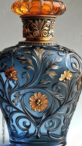 Ornate blue glass perfume bottle with floral engravings and golden accents
