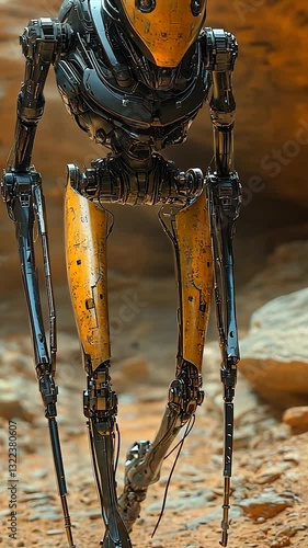 Robot exploring a rocky canyon landscape, showcasing advanced technology