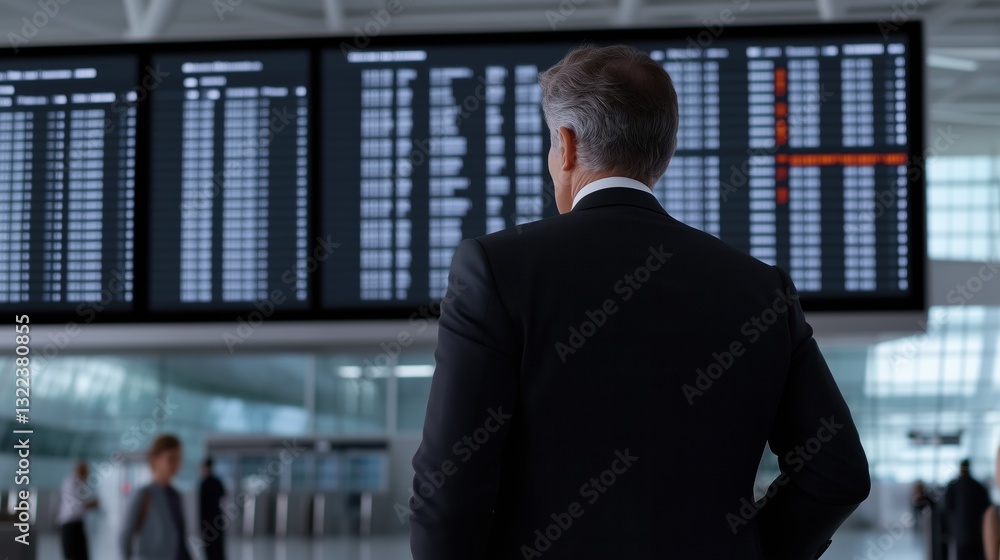 Fototapeta premium A Business Traveler Checking Flight Status: A sophisticated business traveler in a tailored suit intently reviews the departure board, with a sense of purpose.
