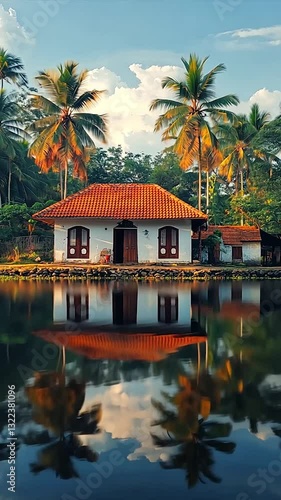 Serene lakeside house surrounded by palm trees reflecting in water