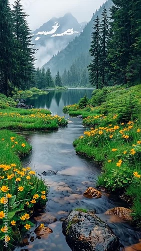 Serene Landscape with Stream and Wildflowers Amidst Mountain View