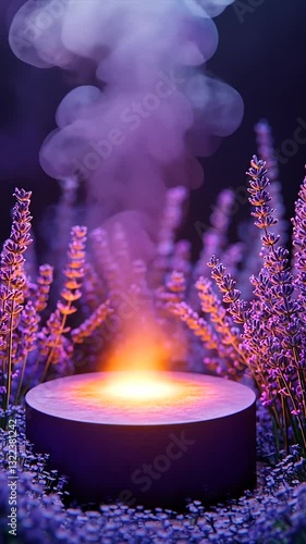 Serene lavender field with glowing centerpiece and soft steam rising