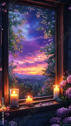 Serene sunset view from a window surrounded by blooming flowers