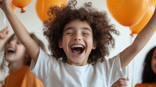 Joyful Celebration: A young child, beaming with unbridled joy and excitement, raises their arms in a celebratory gesture, surrounded by colorful balloons in a scene of pure happiness. photo