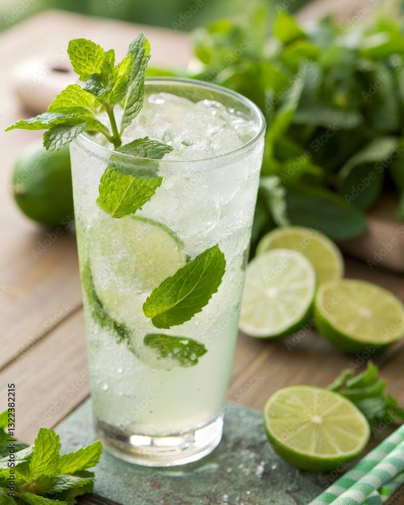 A refreshing glass of mojito with mint leaves and lime slices stands on a wooden surface. A refreshing glass of mojito with mint leaves and lime slices stands on a wooden surface.