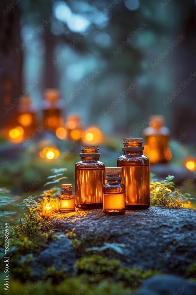 Amber bottles of essential oils glow softly in a tranquil forest setting. Amber bottles of essential oils glow softly in a tranquil forest setting.