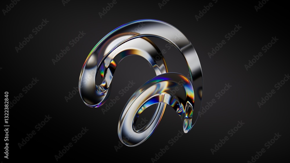 3D rendering of an abstract curved glass shape, displaying a dispersion of colors along its edge, isolated against a black background. Minimalist aesthetic design 3D rendering of an abstract curved glass shape, displaying a dispersion of colors along its edge, isolated against a black background. Minimalist aesthetic design