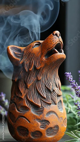 Terracotta wolf incense holder releasing smoke amidst lavender plants