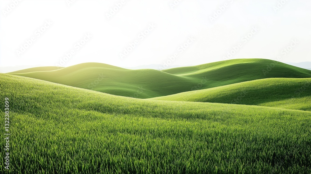 Obraz premium A panoramic vista of rolling green hills covered in lush, vibrant, short grass, with a clear, bright white sky, perfectly depicting a wide grassy meadow landscape