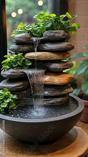 Tranquil indoor water fountain with lush greenery and soft lighting