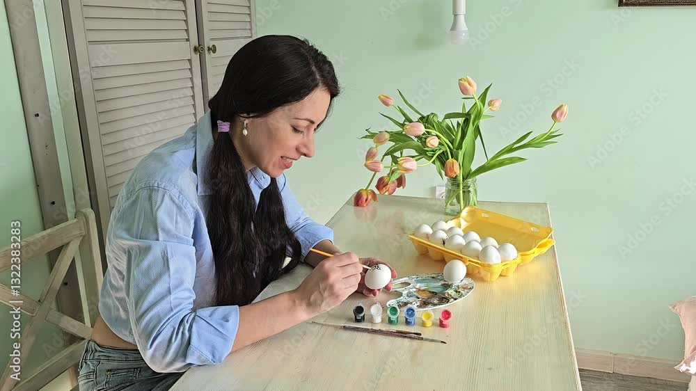 woman painting chicken eggs for easter, fresh flowers in a vase, holiday preparation, christians woman painting chicken eggs for easter, fresh flowers in a vase, holiday preparation, christians