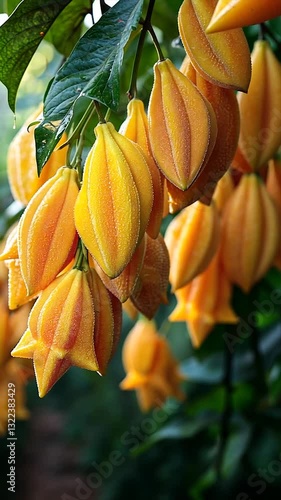 Vibrant orange star-shaped fruits hanging from lush green foliage in nature