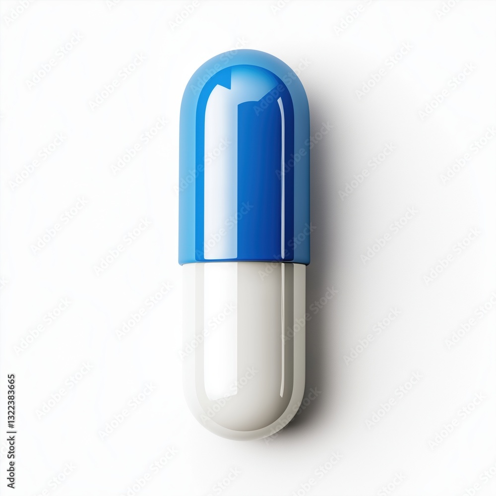 a single, round, blue and white capsule pill, with smooth, glossy surfaces a single, round, blue and white capsule pill, with smooth, glossy surfaces