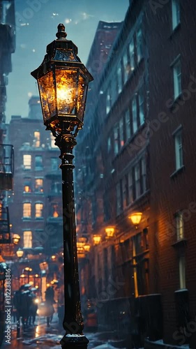 Warm streetlamp illuminating a rainy alleyway at dusk with glowing buildings