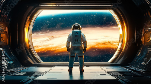 Fototapeta Naklejka Na Ścianę i Meble -  Man in a spacesuit stands in front of a window in a spaceship. The scene is set in space, and the man is looking out at the stars. Scene is one of wonder and awe