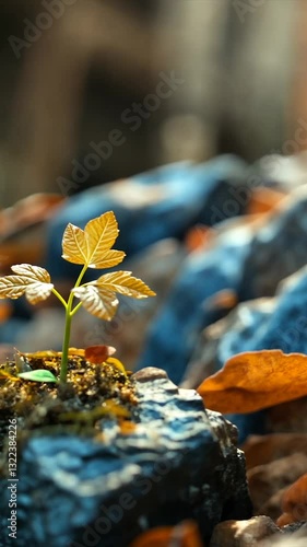 Young plant sprouting from moss-covered rock amidst autumn leaves