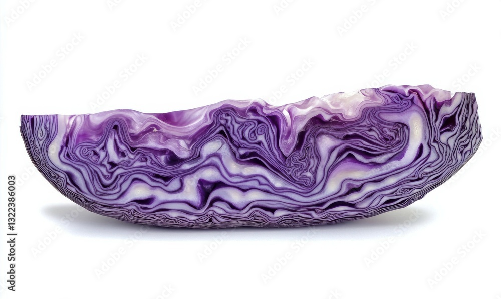 A slice of red cabbage showing intricate purple layers, isolated on white background A slice of red cabbage showing intricate purple layers, isolated on white background