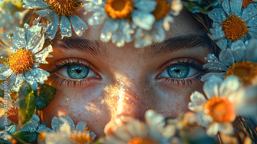 Close-up of a woman's face with striking blue eyes, framed by delicate white and yellow flowers. Shimmering light highlights her freckles