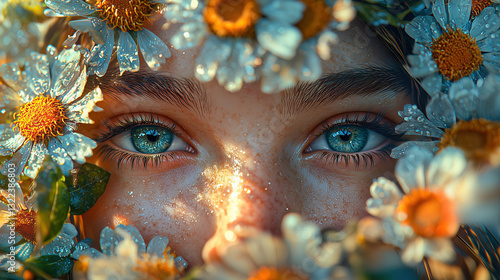 Obraz na płótnie Close-up of a woman's face with striking blue eyes, framed by delicate white and yellow flowers. Shimmering light highlights her freckles w salonie
