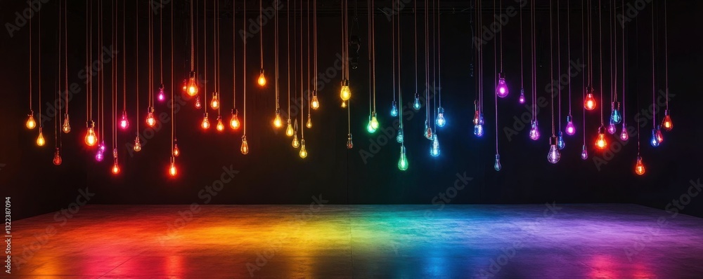 A dark room with a concrete floor illuminated by a curtain of colorful hanging light bulbs. A dark room with a concrete floor illuminated by a curtain of colorful hanging light bulbs.