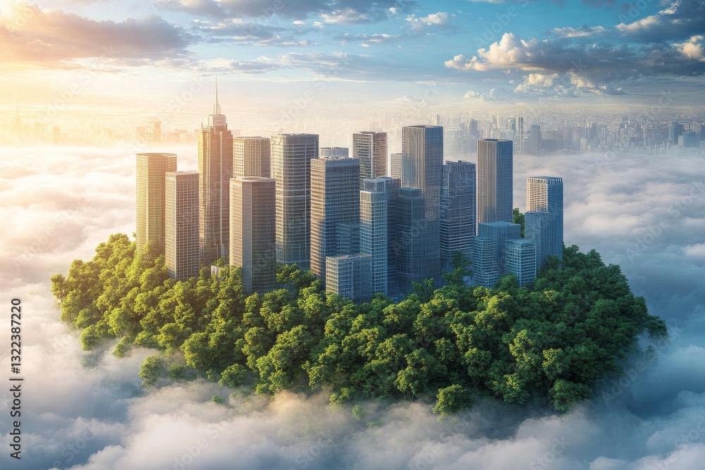 Fototapeta premium A future eco-friendly metropolis with minimal CO2 emissions, operating within a cloud environment