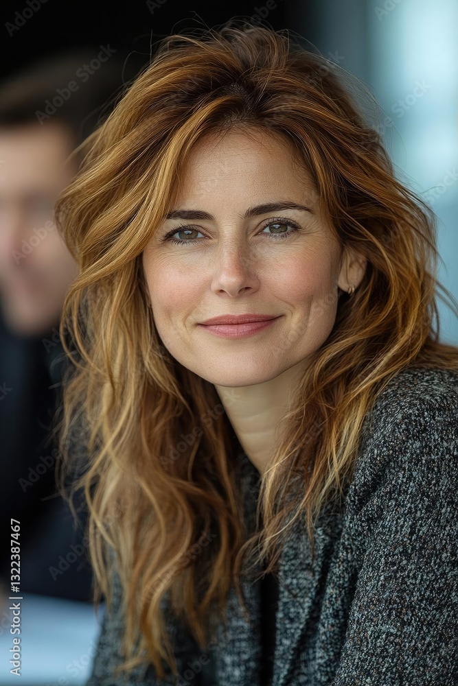 Portrait of a smiling woman with wavy hair in a modern office setting, exuding confidence Portrait of a smiling woman with wavy hair in a modern office setting, exuding confidence