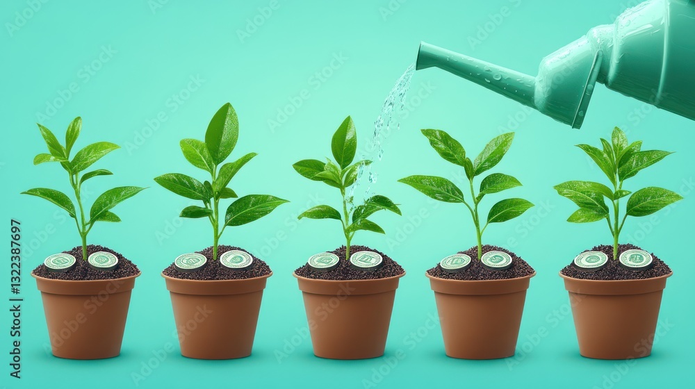 Growing money concept; plants in pots with coins being watered. Growing money concept; plants in pots with coins being watered.