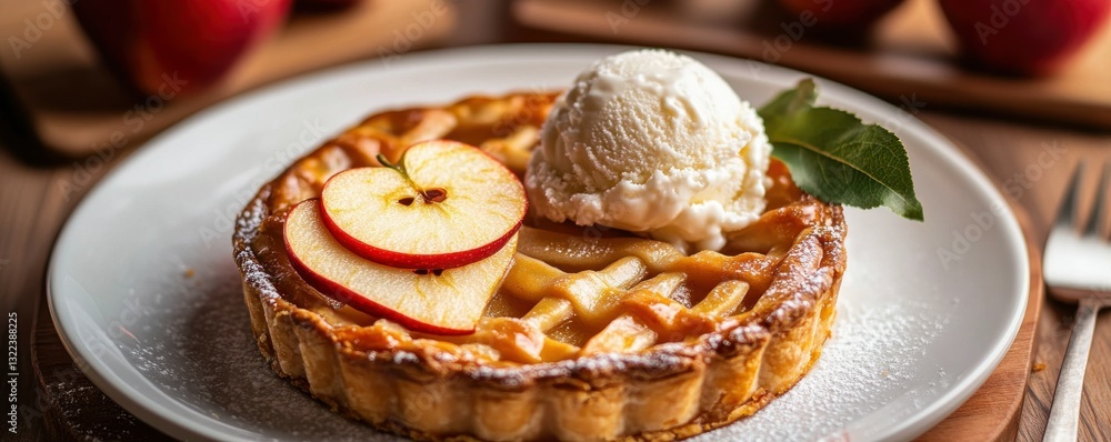 A freshly baked apple pie with a decorative apple slice topping and a scoop of vanilla ice cream. A freshly baked apple pie with a decorative apple slice topping and a scoop of vanilla ice cream.
