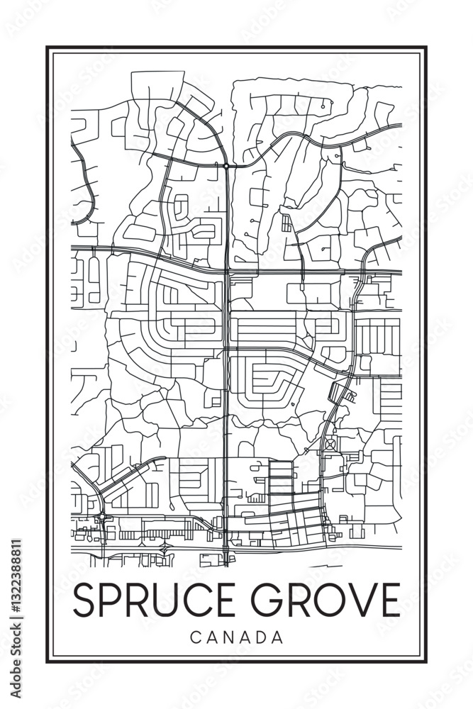 Obraz premium Hand drawn printable downtown road map poster of the Canadian city of SPRUCE GROVE on solid white background with city name