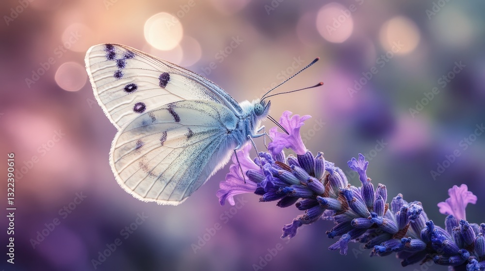 Naklejka premium A dreamy close-up of a butterfly resting on a lavender flower, with soft bokeh in the background.
