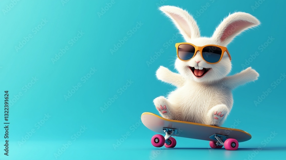 Obraz premium A cheerful white Easter bunny wearing sunglasses enthusiastically skateboards against a vibrant blue backdrop.