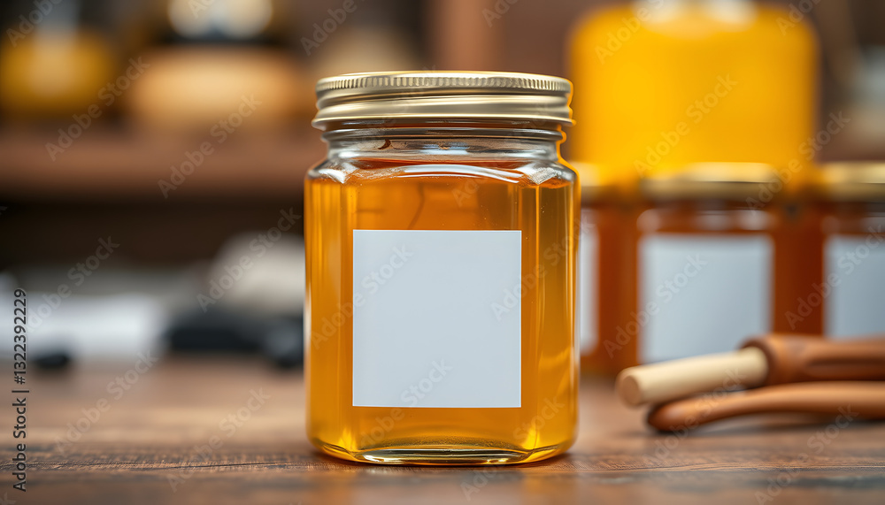 Honey jar mockup with blank label. Closeup, asian style. White tone Honey jar mockup with blank label. Closeup, asian style. White tone