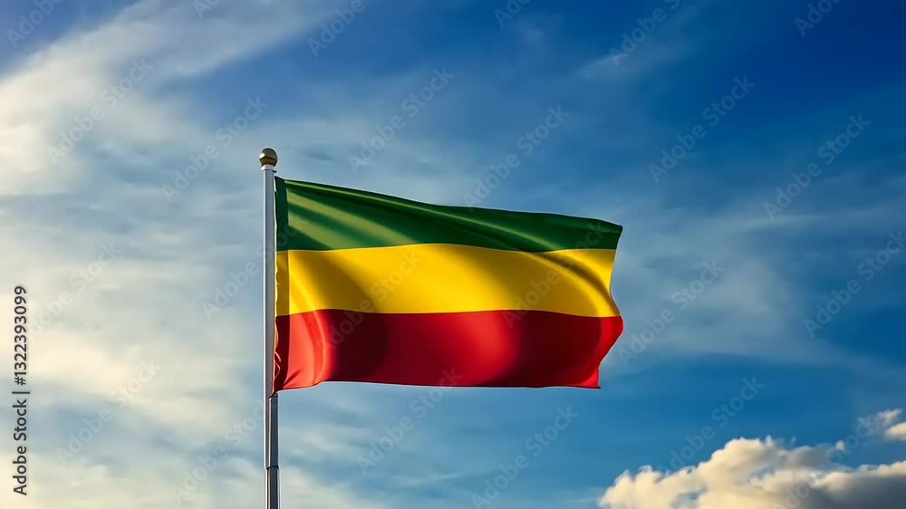 A flag waving against a cloudy sky, representing Ethiopia with its green, yellow, and red colors. A flag waving against a cloudy sky, representing Ethiopia with its green, yellow, and red colors.