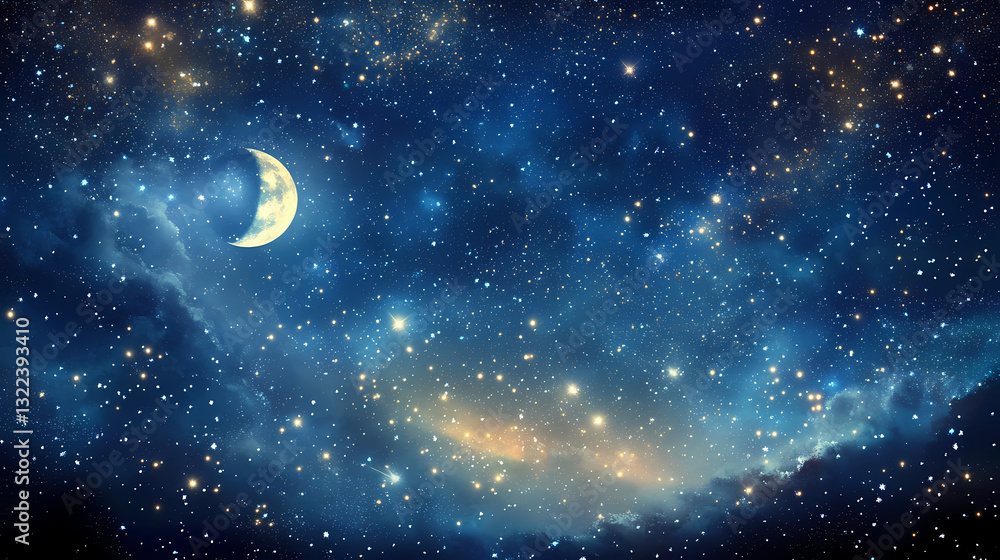 Fototapeta premium Cosmic night sky with twinkling stars and glittering moon, , cosmic. Glittering Sky. Illustration