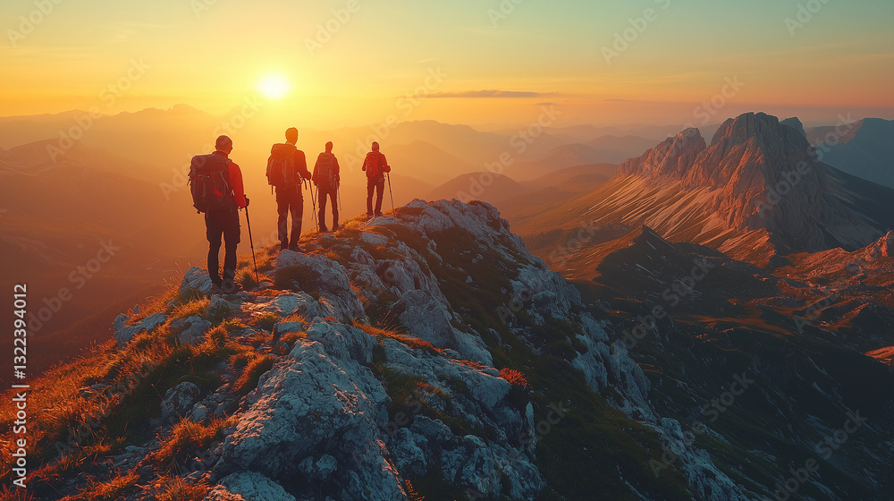 Group of Hikers Walking Along Mountain Ridge at Sunset Group of Hikers Walking Along Mountain Ridge at Sunset