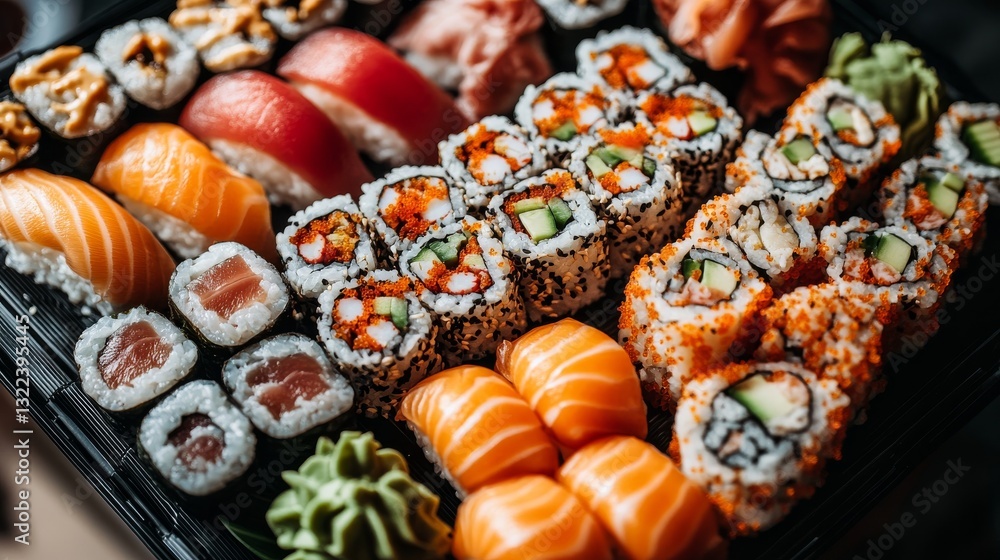 Exquisite Sushi Assortment with a Graceful Layout Exquisite Sushi Assortment with a Graceful Layout