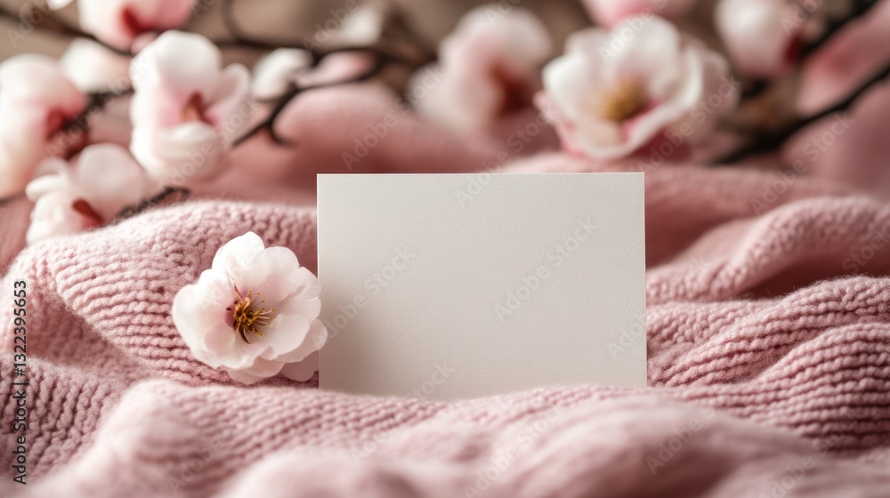 Blank card on pink knit fabric with magnolia blossoms. Blank card on pink knit fabric with magnolia blossoms.