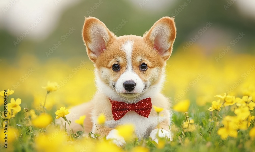 Cute puppy with bow tie in a field of yellow flowers Cute puppy with bow tie in a field of yellow flowers