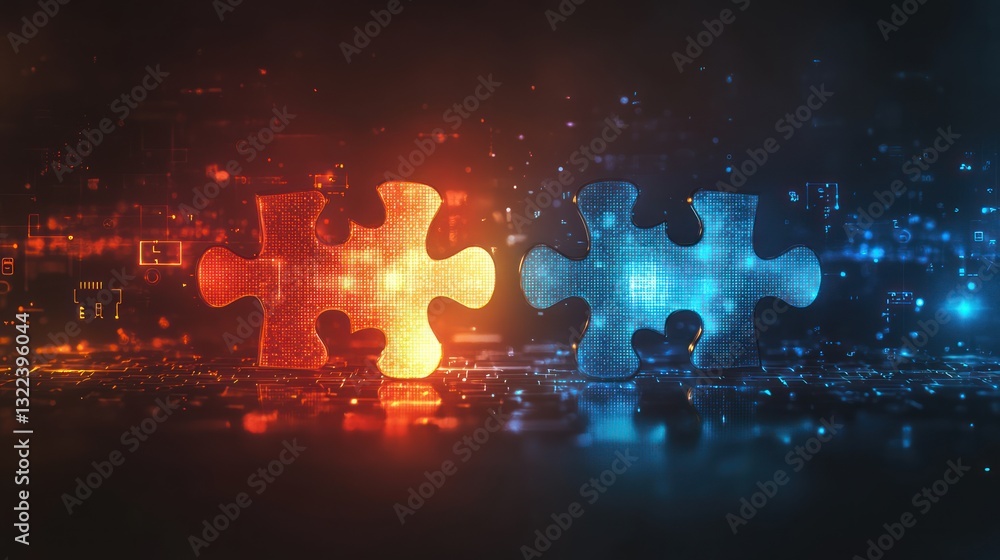 Fototapeta premium Glowing puzzle pieces merging, digital concept.