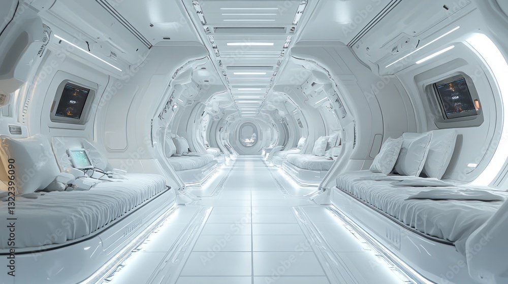 Obraz premium Futuristic spaceship corridor with sleeping pods.