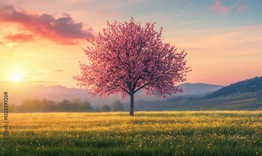 Fototapeta premium pink nature scene with sunrise. beautiful spring nature scene with pink blooming tree. seamless looping overlay