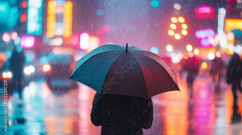 Atmospheric night scene with person holding umbrella in rainy urban setting